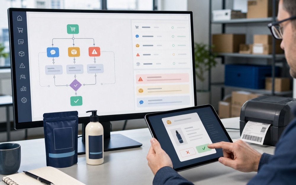 Ecommerce operator reviewing AI workflow approvals for orders and inventory