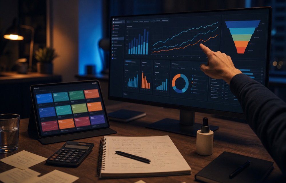 Ecommerce paid media analyst reviewing campaign performance dashboard